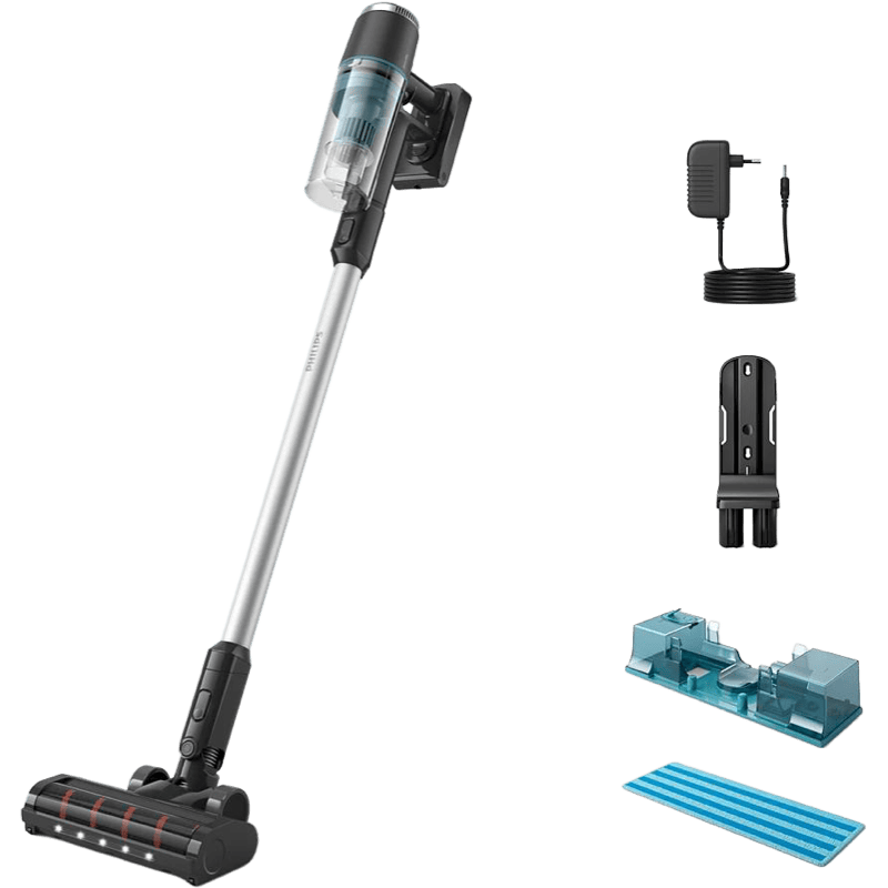 PHILIPS Odkurzacz pionowy Seria Aqua 3000 XC3131/01 czarny front i akcesoria